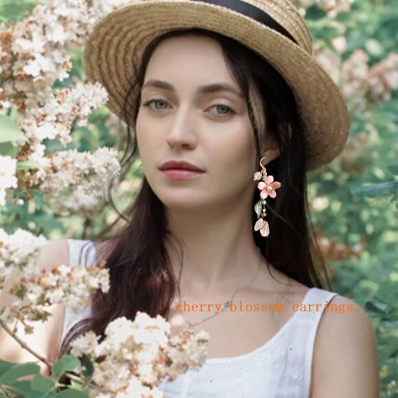 Pink Flower Dangle Earrings for Women Cute Pearl Leaf Cherry Blossom Earrings Fa - Picture 4 of 6